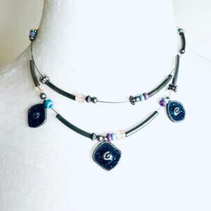 Avon x Nina Ricci Layered Wire Blue Silver Tone Necklace Bracelets Matching Set